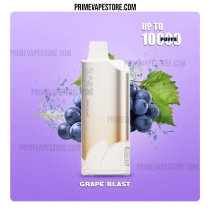 Grape Blast vape juice bottle in white and gold with grape clusters and green leaves against a purple background; text reads 'UP TO 1000 PUFFS'.