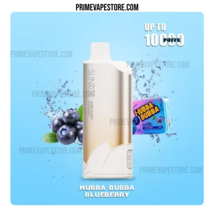 Vape juice bottle with a Sunrise device, blueberry flavor, set against a blue background with bubbles and the caption 'Hubba Bubba Blueberry'