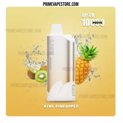 Sunrise Kiwi Pineapple vape device surrounded by pineapple and kiwi fruits with splashes on a yellow background; up to 1000 puffs.