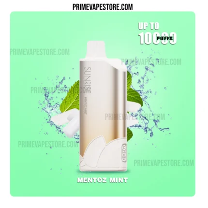 Mentoz Mint e-liquid bottle with mint leaves and water splash on a mint-green background; up to 1000 puffs