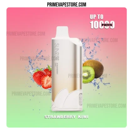 Vape juice box labeled Sunrise Strawberry Kiwi with strawberry and kiwi fruits in a pink-to-green gradient background, splash accents.