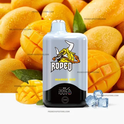 White vape mod with a cartoon bull logo front-and-center, set against ripe mangoes and mango cubes to illustrate Mango Ice flavor.