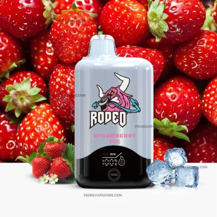 Vape bottle with a pink unicorn graphic in front of a strawberry collage, labeled Strawberry Ice flavor.