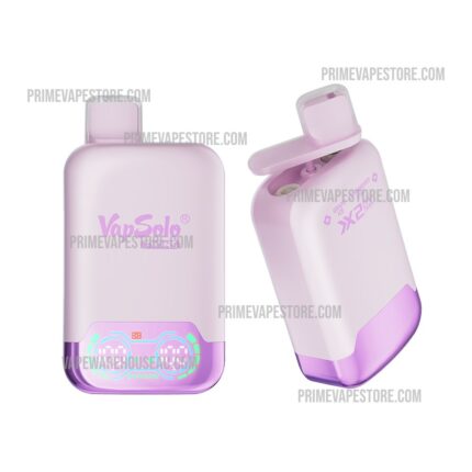 Pink and Purple Vapsolo Twin Vape Device Front and Angled Views with the Cap Open on the Side Showing the Pod Mouthpiece - Australia E-cigarette Store