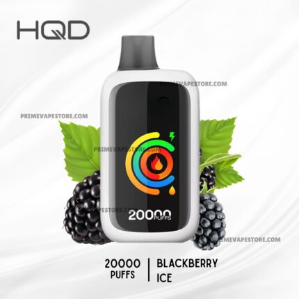 Hqd Disposable Vape with 20000 Puffs Blackberry Ice Flavor Shown with Blackberries and Green Leaves on a Light Background - Australia E-cigarette Store