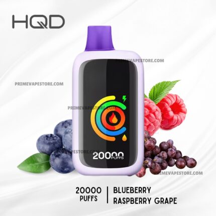 Hqd Disposable Vape Device with Purple Mouthpiece and a Colorful Circular Display Surrounded by Blueberries Raspberries and Raspberries Leaves - Australia E-cigarette Store