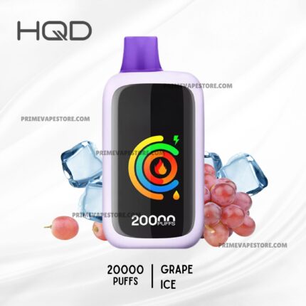 Purple Vape Device with a Black Display Showing Colorful Graphic Surrounded by Ice and Grapes Labeled 20000 Puffs Grape Ice Flavor advertising Image - Australia E-cigarette Store