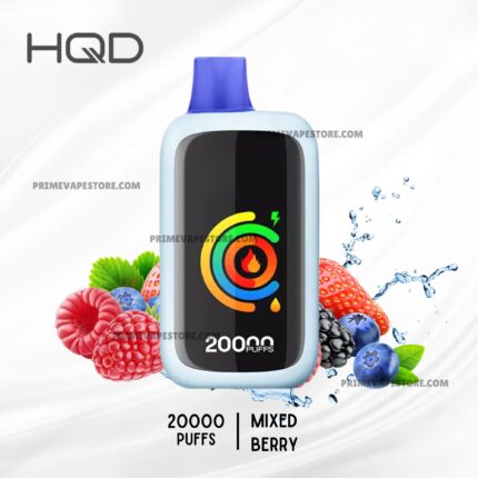 Hqd Vape Device with a Blue Mouthpiece Surrounded by Mixed Berries and Mint for a 20000-puff Flavor Promotion - Australia E-cigarette Store
