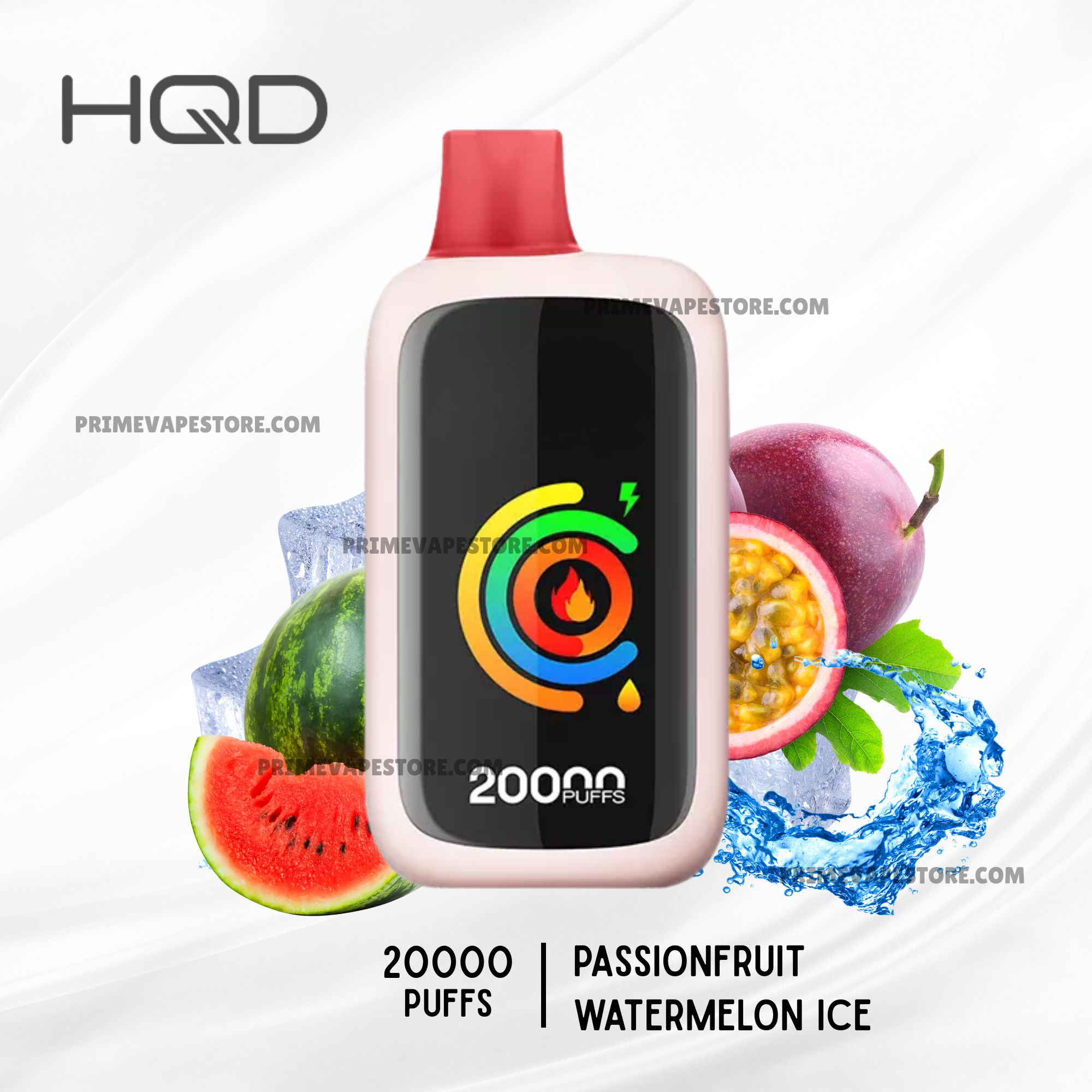 Hqd-cuvie-slick-20000-puffs-passionfruit-watermelon-ice-1jpg - Australia E-cigarette Store Hqd Disposable Vape with Pink Body and Red Mouthpiece Surrounded by Fruits and Flavor Text passionfruit Watermelon Ice - Australia E-cigarette Store