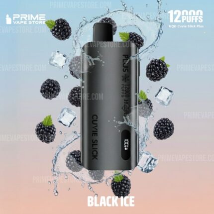 Gray Vape Device Branded plus 1200 Puffs with Black Ice Flavor Surrounded by Ice Cubes and Blackberries in a Splashy Background - Australia E-cigarette Store