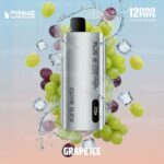 Silver Vape Device Labeled grape Ice Surrounded by Green and Purple Grapes with Ice Cubes and Splash Effects for a Grape-flavor Vape Ad - Australia E-cigarette Store