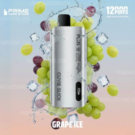 Silver Vape Device Labeled grape Ice Surrounded by Green and Purple Grapes with Ice Cubes and Splash Effects for a Grape-flavor Vape Ad - Australia E-cigarette Store