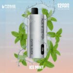 Silver Vape Device with Black Mouthpiece Amid Mint Leaves and Water Splashes Shows Ice Mint and 12000 Puffs prime Vape Store - Australia E-cigarette Store