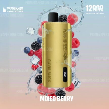Gold Vape Device with Mixed Berry Flavor Surrounded by Berries and Ice Promoting Prime Vape Stores mixed Berry Flavor - Australia E-cigarette Store