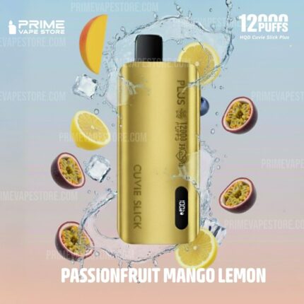Gold Vape Device with Passionfruit Mango Lemon Label Surrounded by Lemon Mango and Passion Fruit Slices with Water Splashes - Australia E-cigarette Store