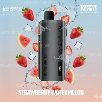 Black Vape Device with 12000 Puffs and Flavor strawberry Watermelon Surrounded by Floating Strawberry and Watermelon Slices and Ice Cubes - Australia E-cigarette Store