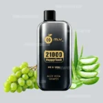 Vape Juice Bottle Labeled 2100 Puffs Happytank Me  You Aloe Vera Grapes with Grape Cluster and Aloe Leaves on Light Gray Background - Australia E-cigarette Store