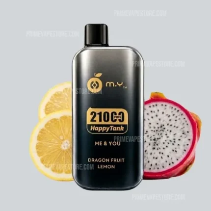 Black vape bottle labeled 2100 puffs HappyTank with lemon halves on the left and dragon fruit half on the right.