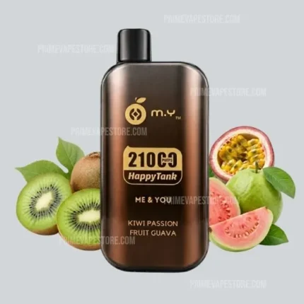 Brown vape juice bottle with black cap, label reads '2100 puffs HappyTank', surrounded by kiwi, passion fruit, and guava fruits to indicate flavor (Kiwi Passion Fruit Guava).