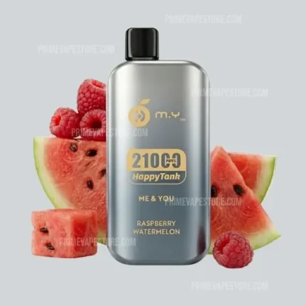 E-cigarette bottle with raspberry–watermelon flavor, surrounded by raspberries and watermelon slices for a fruity vape promotion