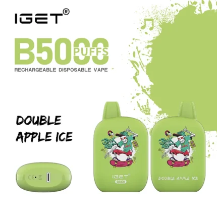 IGET B5000 Puff disposable vape in green with Double Apple Ice flavor; shows two devices and branding.