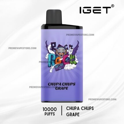 Purple Vape Bottle with a Black Mouthpiece and a Chupa Chups Graphic Showing Text 10000 Puffs and chupa Chups Grape on a White Background - Australia E-cigarette Store