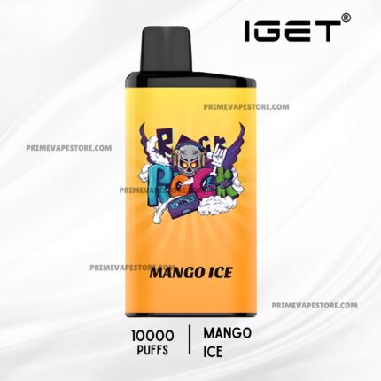 Close-up of an Iget Mango Ice Disposable Vape with an Orange Label Black Mouthpiece and Fantasy Artwork 10000 Puffs - Australia E-cigarette Store