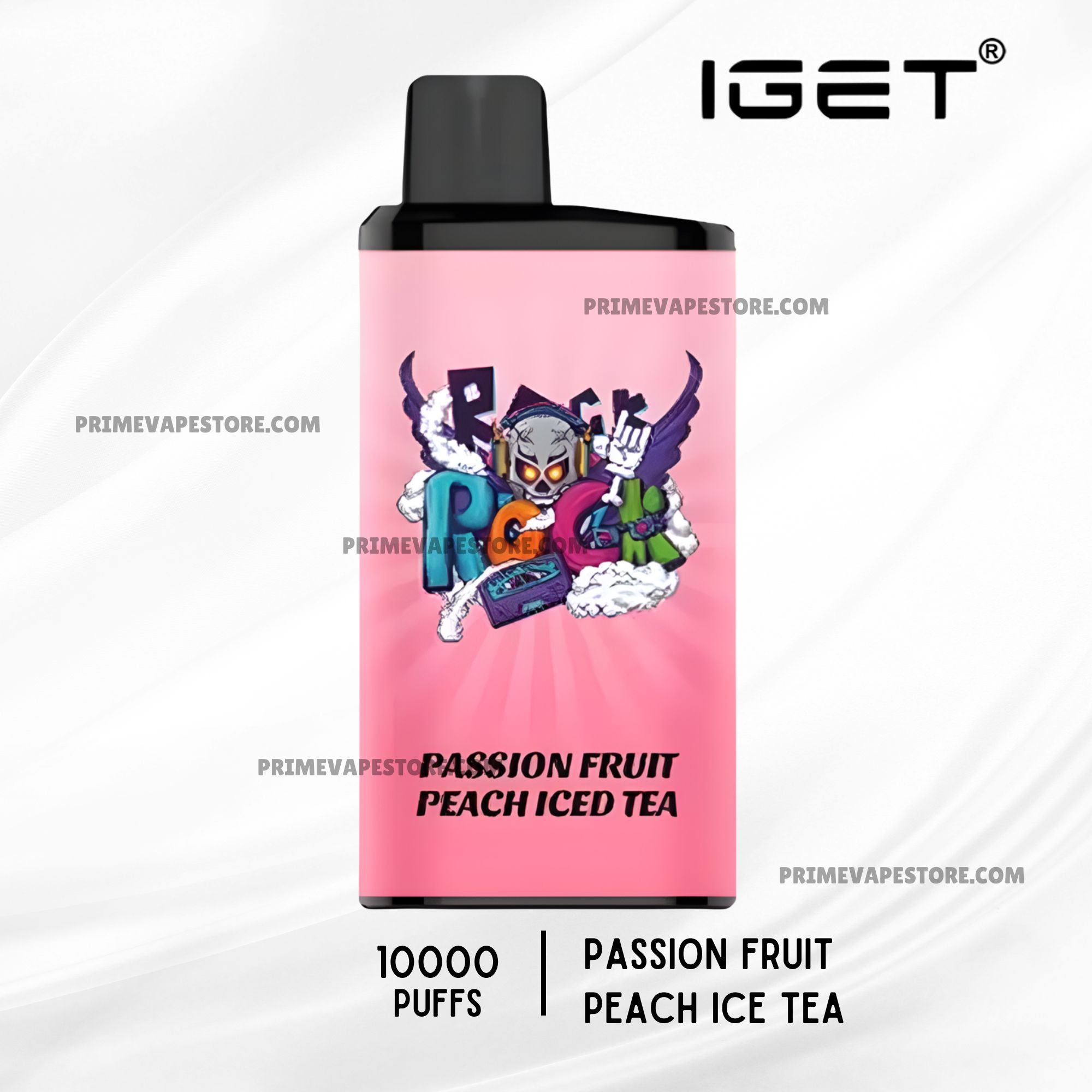 Iget-bar-pro-10000-puffs-passion-fruit-peach-ice-teajpg - Australia E-cigarette Store Pink Vape Bottle with a Black Mouthpiece Featuring Artwork and the Flavor Text passion Fruit Peach Iced Tea - Australia E-cigarette Store