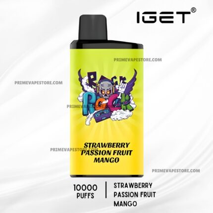 Bright Yellow Iget Vape Bottle with Black Mouthpiece Label Features Colorful Artwork and Flavors Strawberry Passion Fruit Mango - Australia E-cigarette Store