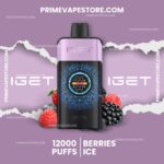 Purple Banner with a Black Vape Device Berries Around It and Text Reading 12000 Puffs | Berries on a Lavender Background - Australia E-cigarette Store