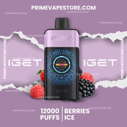 Purple banner with a black vape device, berries around it, and text reading '12000 puffs | Berries' on a lavender background.