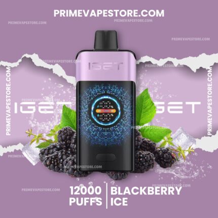 Vape device centered on a purple background with blackberries and mint leaves around it, and text advertising '12000 | BLACKBERRY PUFFS | ICE'.