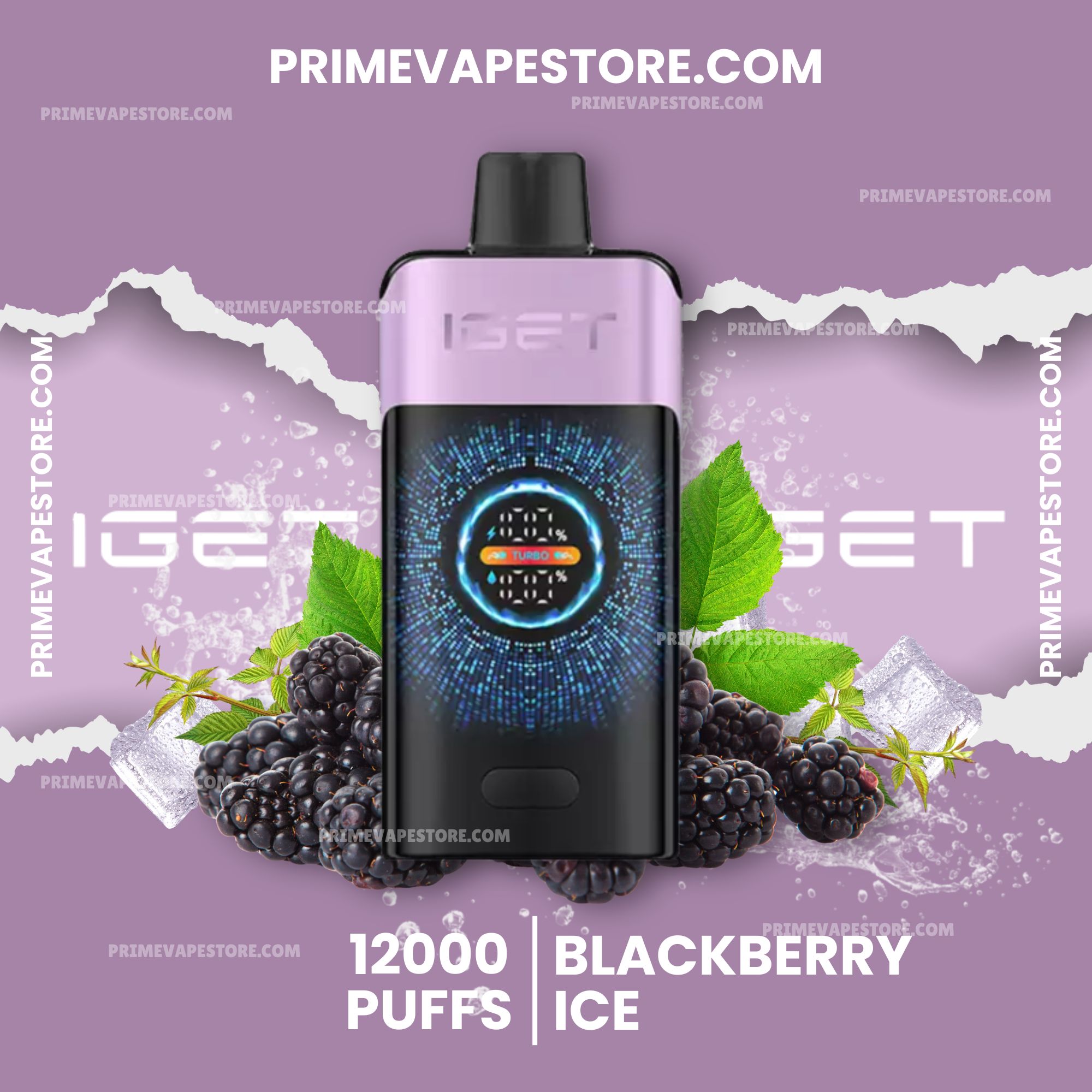 Iget-one-12000-puffs-blackberry-ice-2jpg - Australia E-cigarette Store Vape Device Centered on a Purple Background with Blackberries and Mint Leaves Around It and Text Advertising 12000 | Blackberry Puffs | Ice - Australia E-cigarette Store
