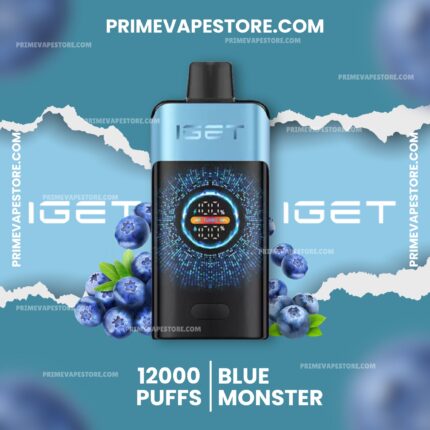 Blue vape device centered on a teal background with blueberries; promotional text reads '12000 PUFFS BLUE MONSTER' and torn white shapes along the edges.