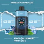 Tall Vape Device Centered Against a Blue Background with Scattered Ice Cubes and Leaves Text Reads 12000 Puffs Blueberry Ice and primevapestorecom in Large White Letters - Australia E-cigarette Store