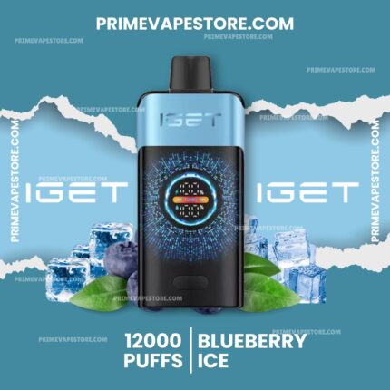 Tall Vape Device Centered Against a Blue Background with Scattered Ice Cubes and Leaves Text Reads 12000 Puffs Blueberry Ice and primevapestorecom in Large White Letters - Australia E-cigarette Store