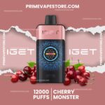 Pink Vape Device Centered with Black Mouthpiece Against a Dusty Rose Background Surrounded by Cherries and Promo Text 12000 Puffs | Cherry Monster - Australia E-cigarette Store