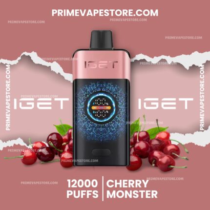 Pink vape device centered with black mouthpiece against a dusty rose background, surrounded by cherries and promo text '12000 PUFFS | CHERRY MONSTER'