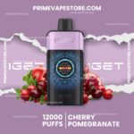 Purple-background Product Hero Featuring a Vape Device with Pomegranate and Cherry Fruits Text Shows 12000 Puffs and Cherry Pomegranate Flavor - Australia E-cigarette Store