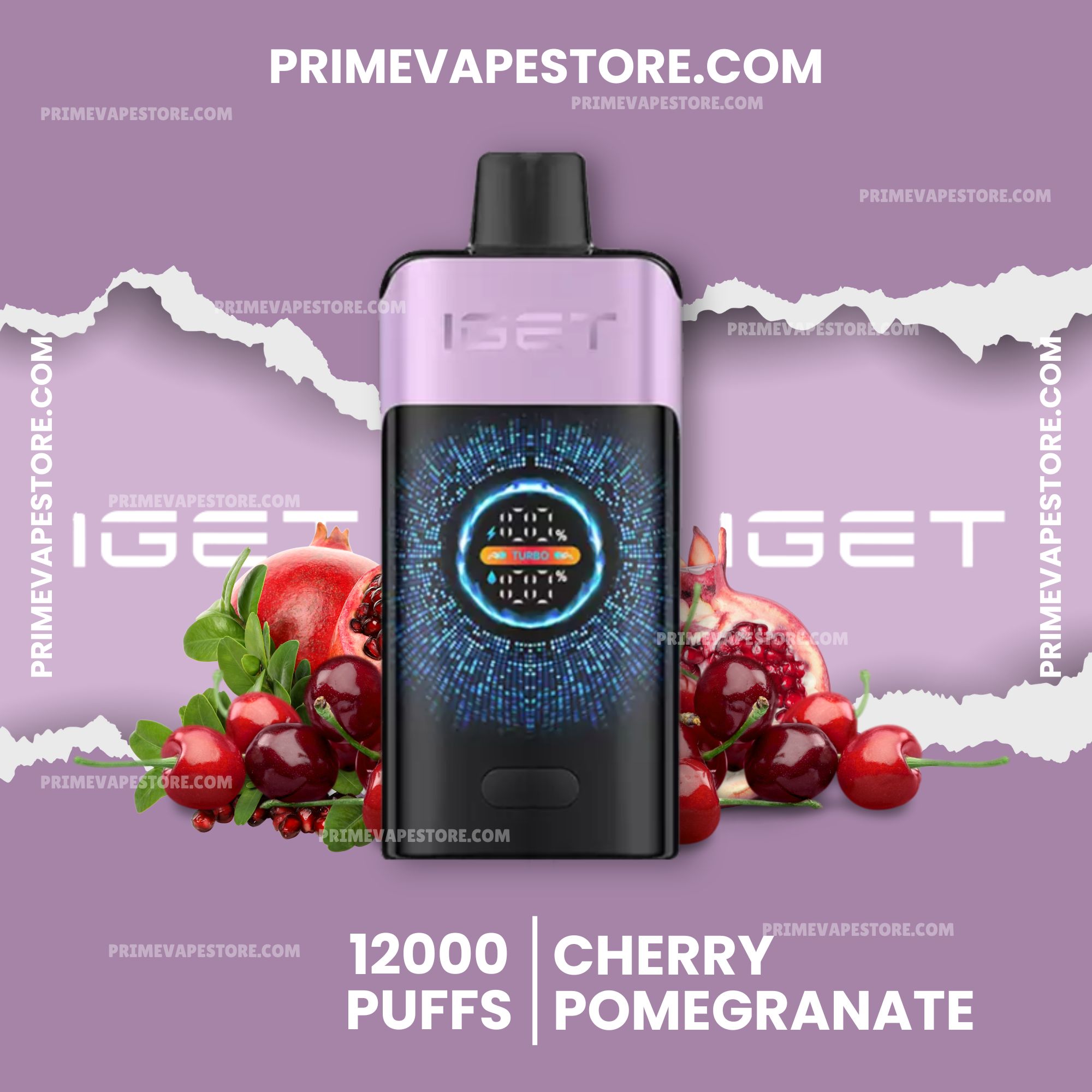 Iget-one-12000-puffs-cherry-pomegranate-2jpg - Australia E-cigarette Store Purple-background Product Hero Featuring a Vape Device with Pomegranate and Cherry Fruits Text Shows 12000 Puffs and Cherry Pomegranate Flavor - Australia E-cigarette Store