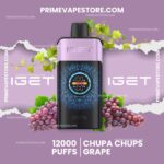 Purple Vape Device at Center with Grape Clusters and Vines on a Lavender Background Advertising Grape Flavor 12000 Puffs - Australia E-cigarette Store
