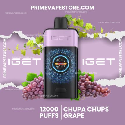 Purple vape device at center with grape clusters and vines on a lavender background, advertising grape flavor (12000 puffs).