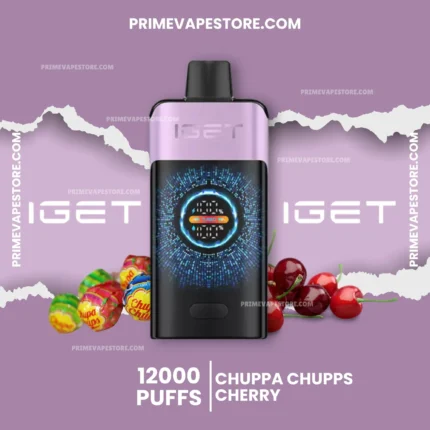 Purple advertisement featuring a vape device with cherries and candies around it, text shows 12000 PUFFS and CHUPPA CHUPPS.