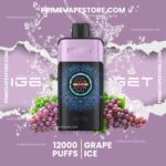 Promo Image for a Grape-ice Vape Flavor Purple Background Central Vape Device and Grape Clusters with Text Showing 12000 Puffs | Grape Ice - Australia E-cigarette Store