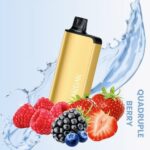 Gold Vaping Device Tilted Upward with a Splash of Water and Mixed Berries raspberries Strawberry Blackberry Blueberries Flavor Label Reads quadruple Berry - Australia E-cigarette Store
