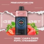 Pink Vape Device Centered Among Strawberries and Mint with Ad Text Showing 12000 Puffs and Chupa Chups Strawberry Flavor - Australia E-cigarette Store
