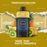 Vape Device Centered Among Pineapple and Kiwi with Bold 12000 Puffs and kiwi Pineapple Text on a Gold Background advertisement - Australia E-cigarette Store