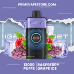 Purple Vape Device Centered with Grape and Mint Decorations on a Purple Promo Background Showing 12000 Puffs and Flavor Text - Australia E-cigarette Store