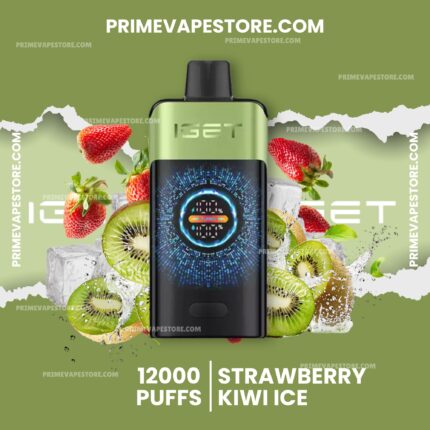 Center-aligned green vape device with fruit slices (strawberry, kiwi) and ice on an olive background; promotes Strawberry Kiwi Ice flavor, Prime Vape Store.
