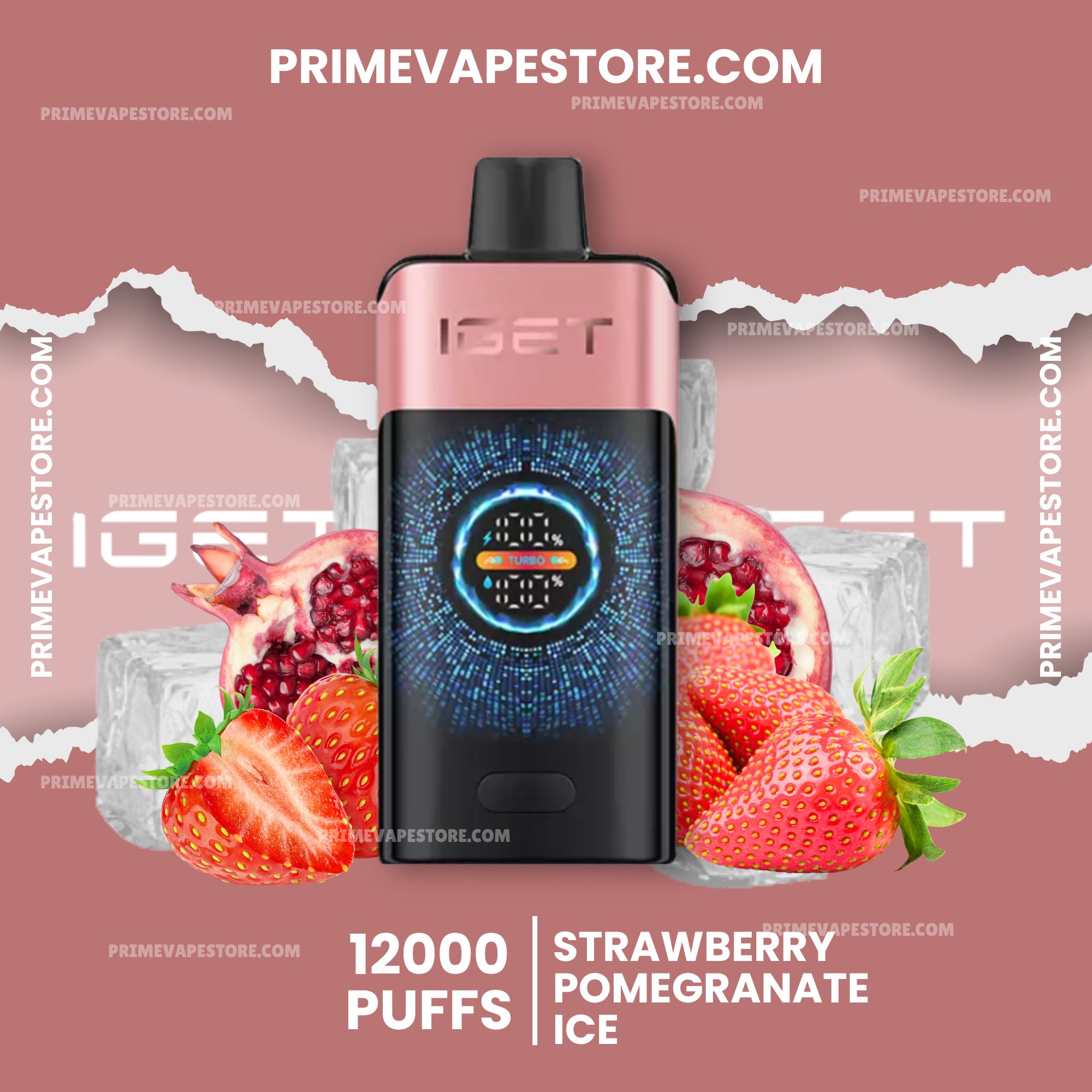 Iget-one-12000-puffs-strawberry-pomegranate-ice-2jpg - Australia E-cigarette Store Center-focused Pink Vape Device with a Digital Display Surrounded by Strawberries and Ice Primevapestorecom Watermark Visible - Australia E-cigarette Store
